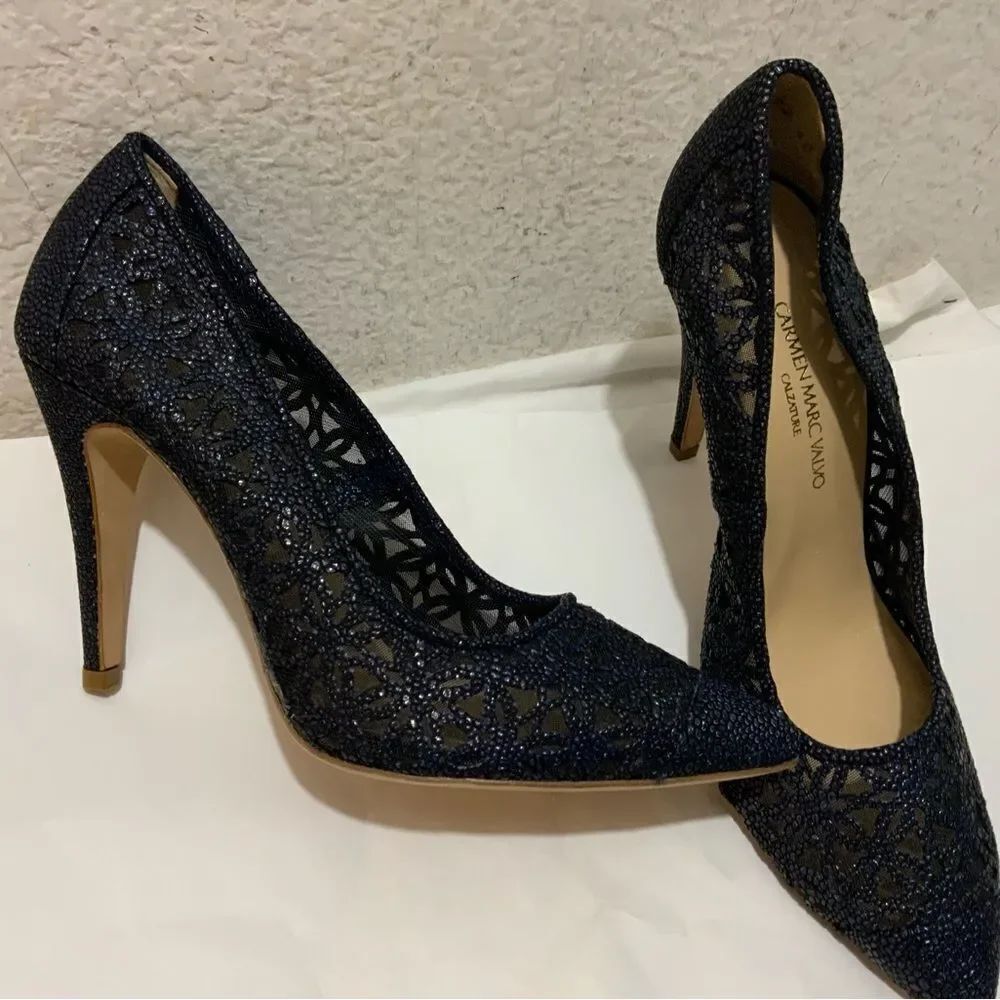 Carmen Marc Valvo Calzature Women’s High Heels 4” Navy Blue Made In Spain 40